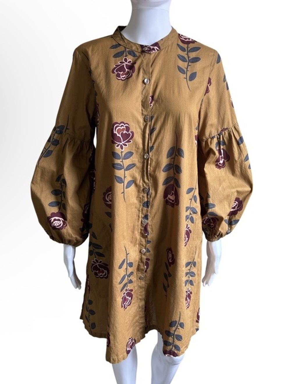Gudrun Sjoden Dress S Organic Cotton Floral Button Front Balloon Sleeve Boho